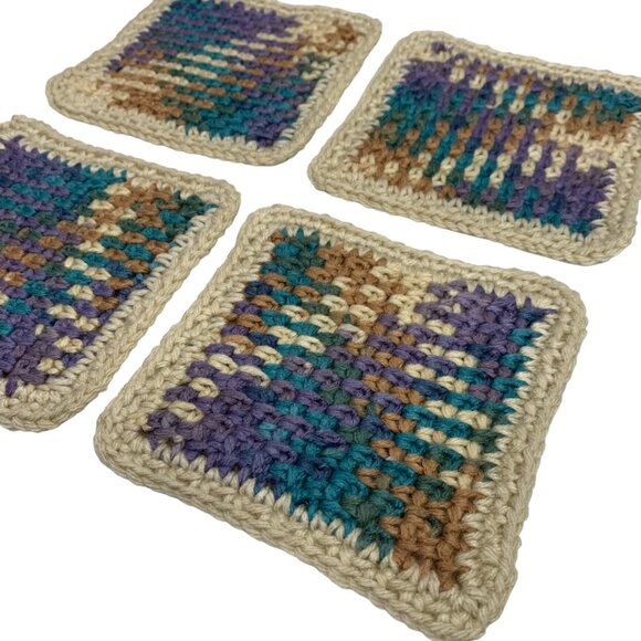 Mug Rugs Coasters Handmade Crochet Square Beige Tan Teal Vinyl Back Set of 4 - Picture 6 of 11